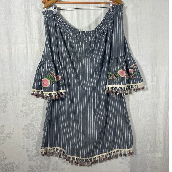 Oddy Shift Dress 3XL NEW Gray White Striped Embroidered Fringe Tassels - Picture 1 of 10